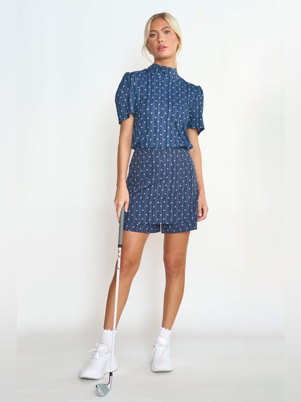 Byrdie Golf Marina Mock Neck Top XS Navy Floral Stripe UPF 50+ Puff Sleeve